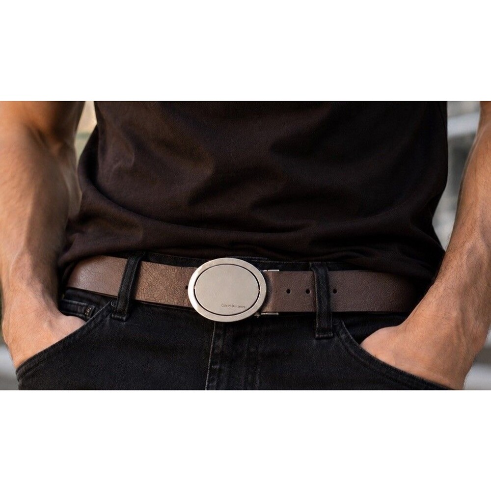 CALVIN KLINE JEANS  Mens Brown Leather Belt Oval Silver Buckle Metal Stitch SZ M